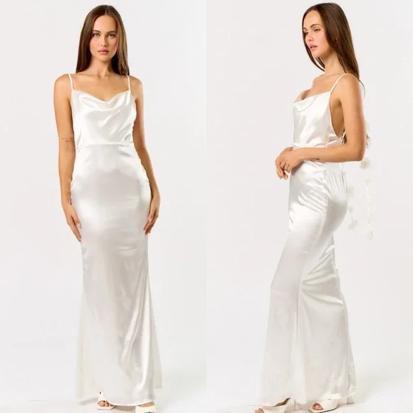 *24 HOUR SALE* To Have And To Hold 3D Flower Strap White Satin Maxi Dress - Picture 3 of 4